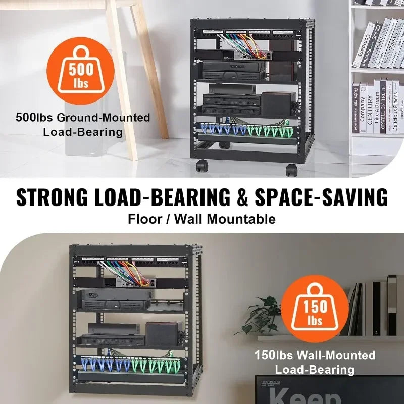 12U Open Frame Server Rack 23 to 40 Inch Adjustable Depth Free Standing or Wall Mount 4 Post AV Network Server Rack Modern Style