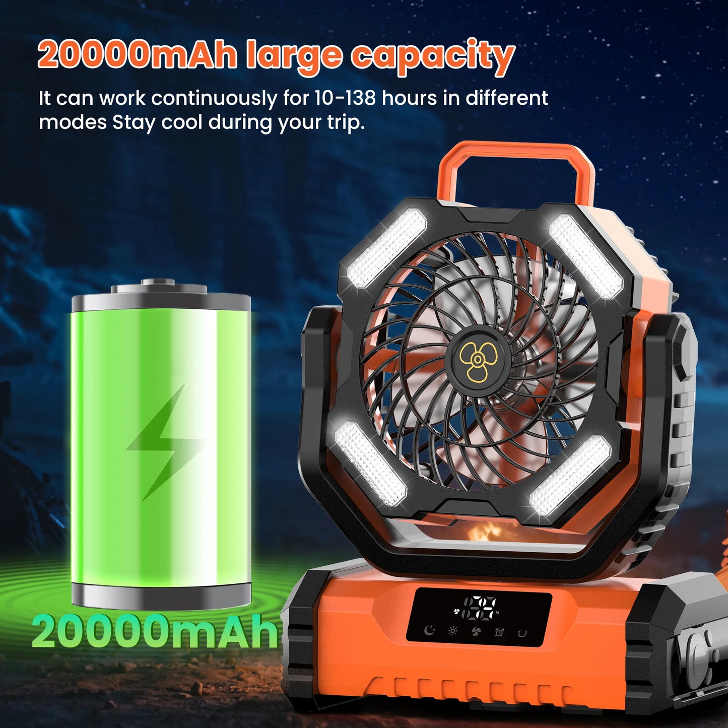 2025 New 20000mAh LED Camping Fan Portable Touch Control 5 Speed USB Rechargeable Outdoor Accessory Long Battery Life