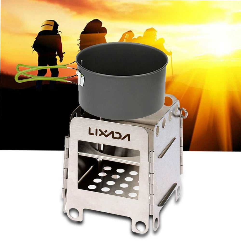 Portable Stainless Steel BBQ Stove Lightweight Folding Wood Outdoor Camping Cooking Picnic Backpacking Wind Shield with Ignition