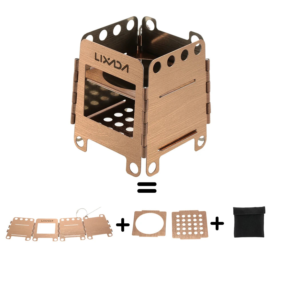 Portable Stainless Steel BBQ Stove Lightweight Folding Wood Outdoor Camping Cooking Picnic Backpacking Wind Shield with Ignition