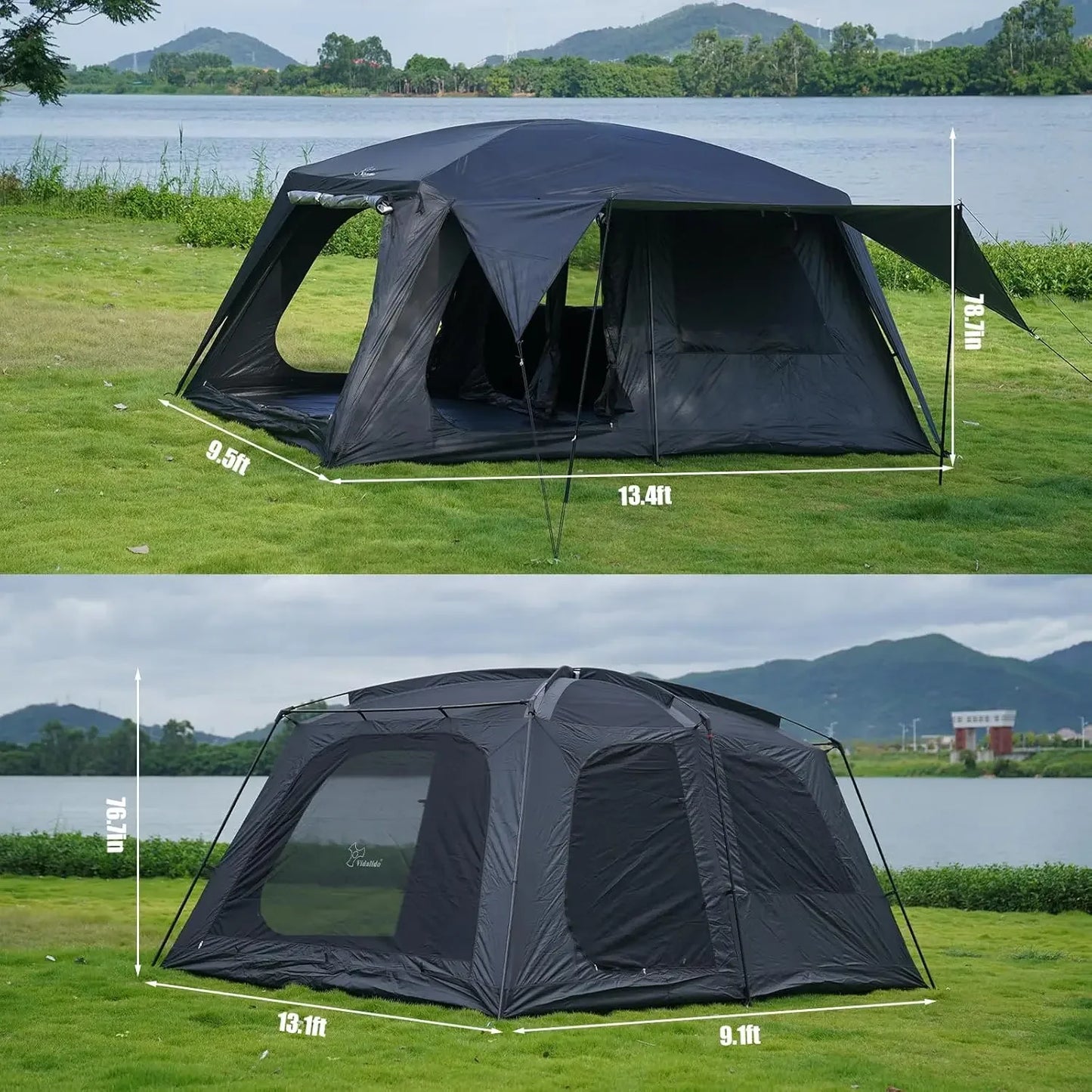 Large 3-Door 2-Room Camping Tent for 8-10 People Double Layer Waterproof Portable Glamping Cabin Tent with Multiple Entrances