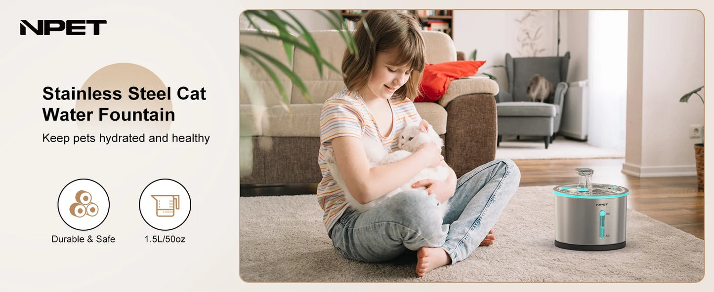 NPET Stainless Steel Cat Water Fountain 50oz 1.5L Dishwasher Safe Pet Water Dispenser with Visible Window Light