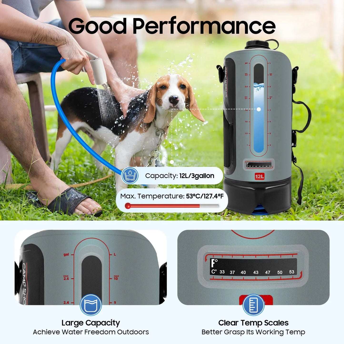 12L Portable Pressure Camp Shower with Detachable Double Shoulder Strap for Hiking and Outdoor Climbing