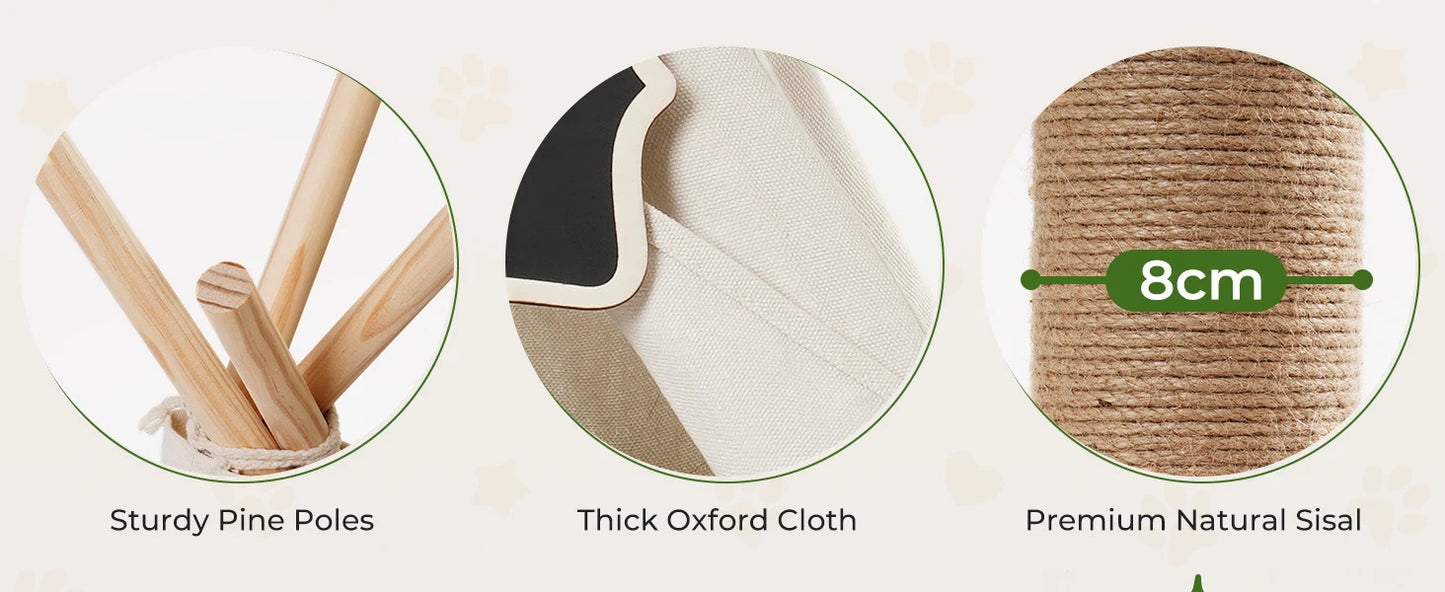 MEWOOFUN 60cm Tall Cats Scratching Post Teepee with Simulated Leaves Wooden Cat Tree Pet Bed Tent Indoor Play House for Cats