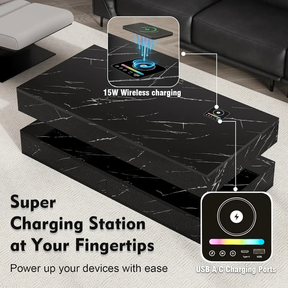 Modern LED Coffee Table 47 Inch High Gloss Double Layer Center Table with Wireless Charging and Built in Bluetooth 2 Drawers Black Marble Finish