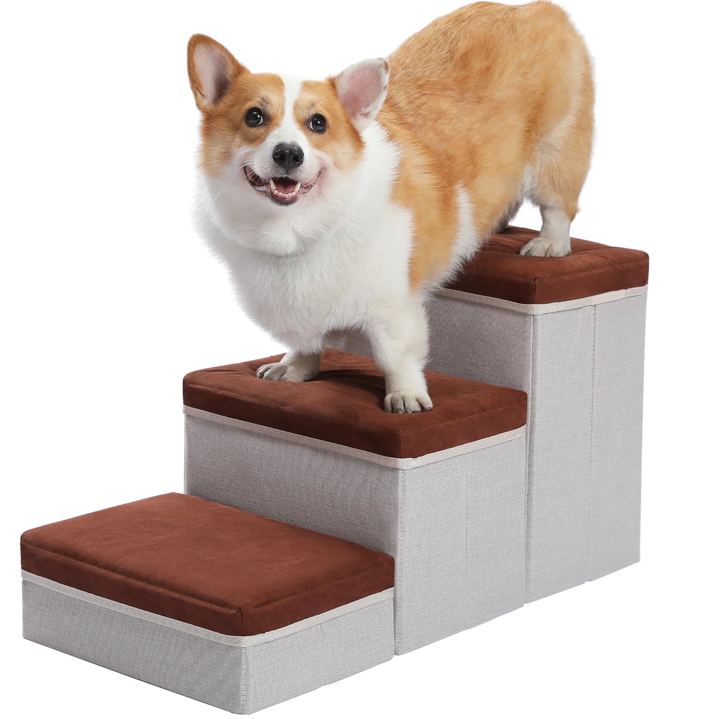 3-Tier Foldable Dog Stairs with Storage Adjustable Height Non-Slip Pet Steps for Small Old Dogs And Cats Brown/Grey/Dark Grey