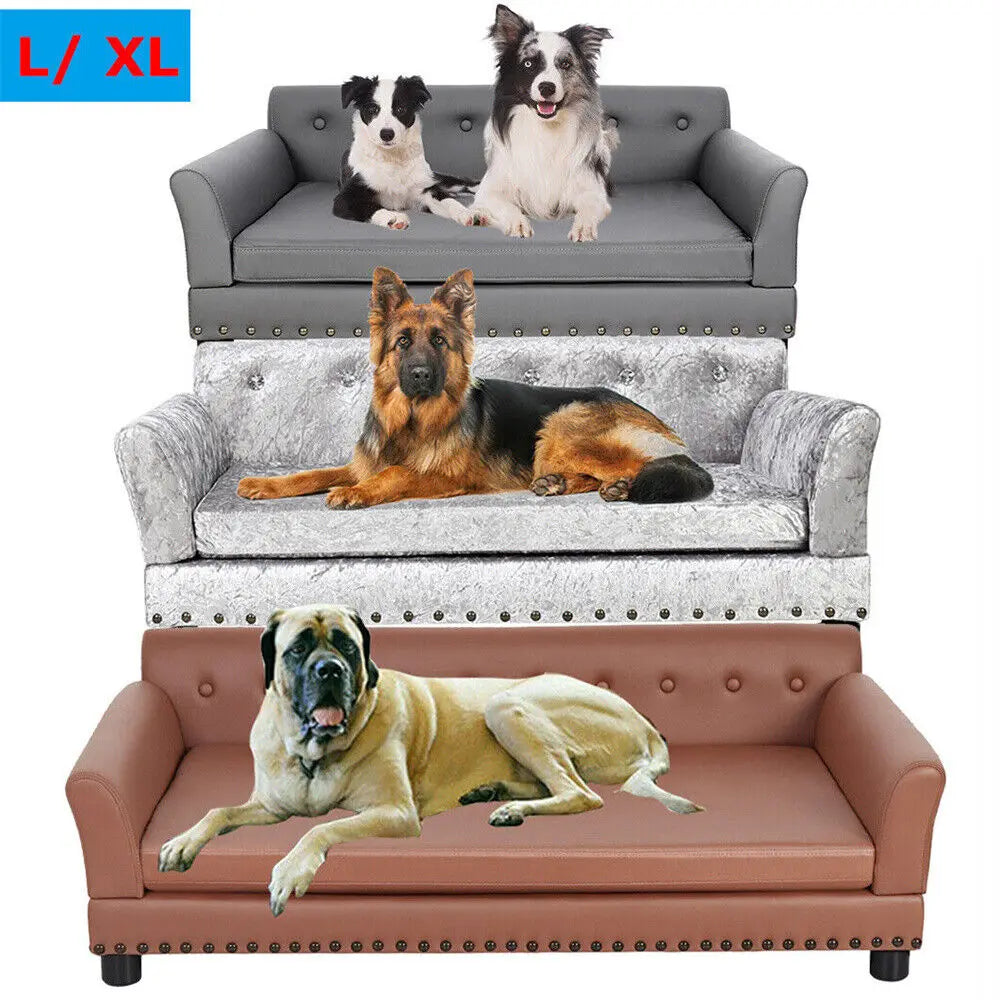 Heavy Duty Raised Dog Bed Sofa Large Cushioned Pet Couch Soft Microfiber Silicone Leather Velboa Covered Lounge for Cats And Puppies