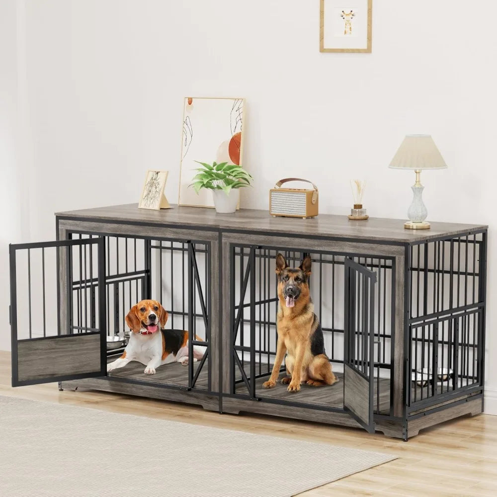 Extra Large Double Dog Crate 87'' with Adjustable Divider Heavy Duty Wood Kennel Indoor Furniture for 2 Dogs with Lockable Dividers