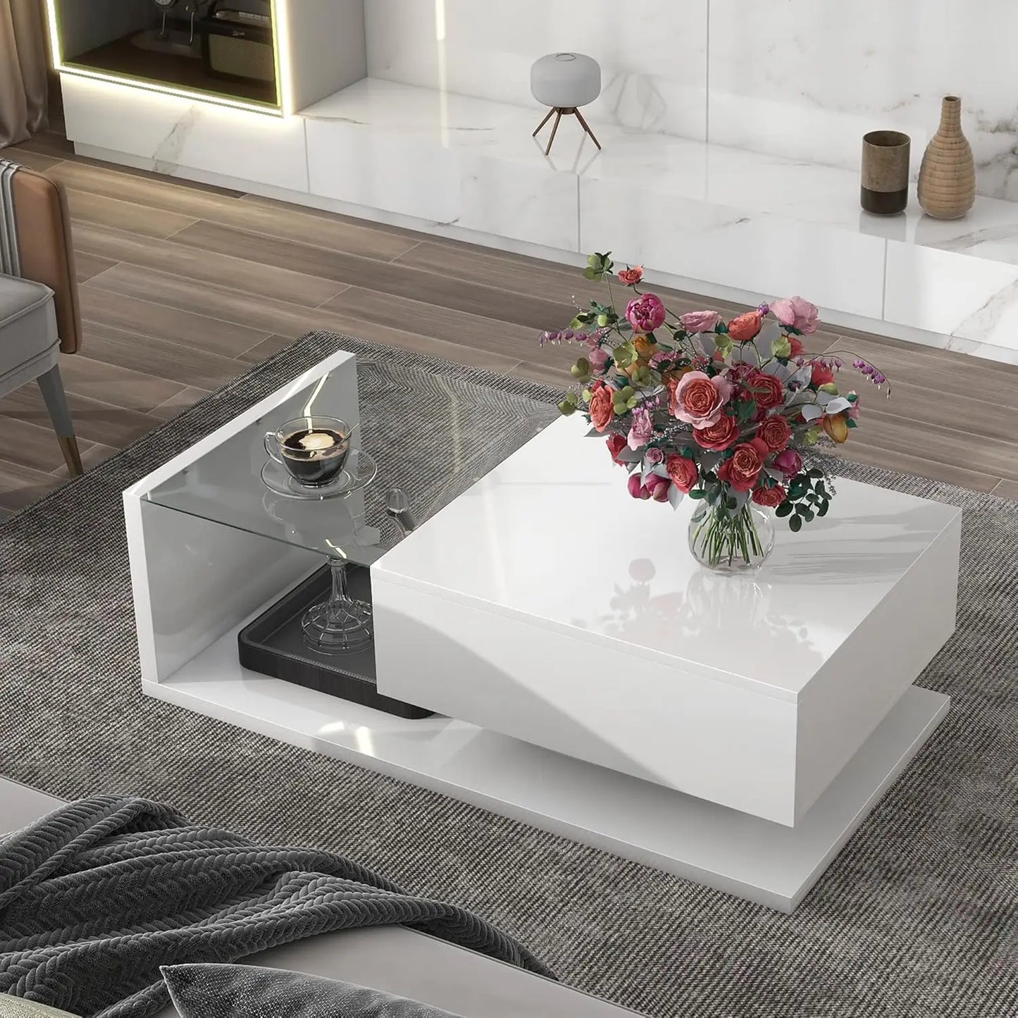 Modern Coffee Table with Tempered Glass, 2-Tier Wooden Center