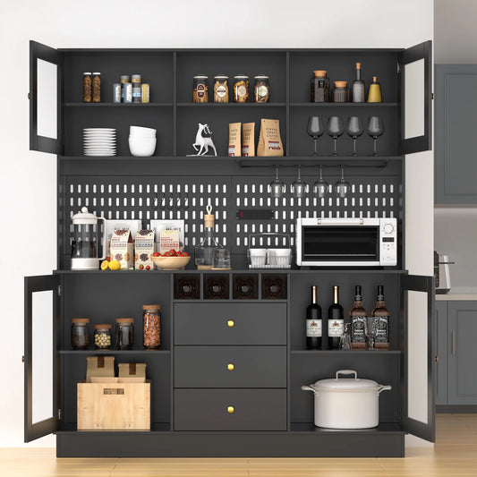 Black Freestanding Kitchen Pantry Cabinet with Pegboard Cup Holder Power Outlet Modern Style Modular Storage Buffet Hutch