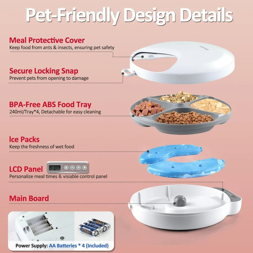 Automatic Cat Feeder Wet Food, Battery Operated Auto Wet/Dry Food Feeder with 2 Ice Packs, Cordless Programmable Timer Pet Auto