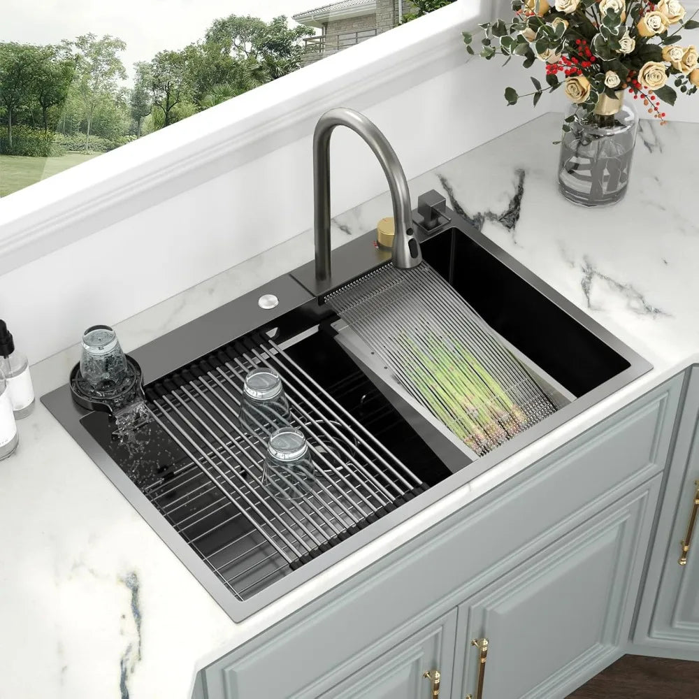 33 Black Kitchen Sink Drop In Waterfall 33x22 Stainless Steel