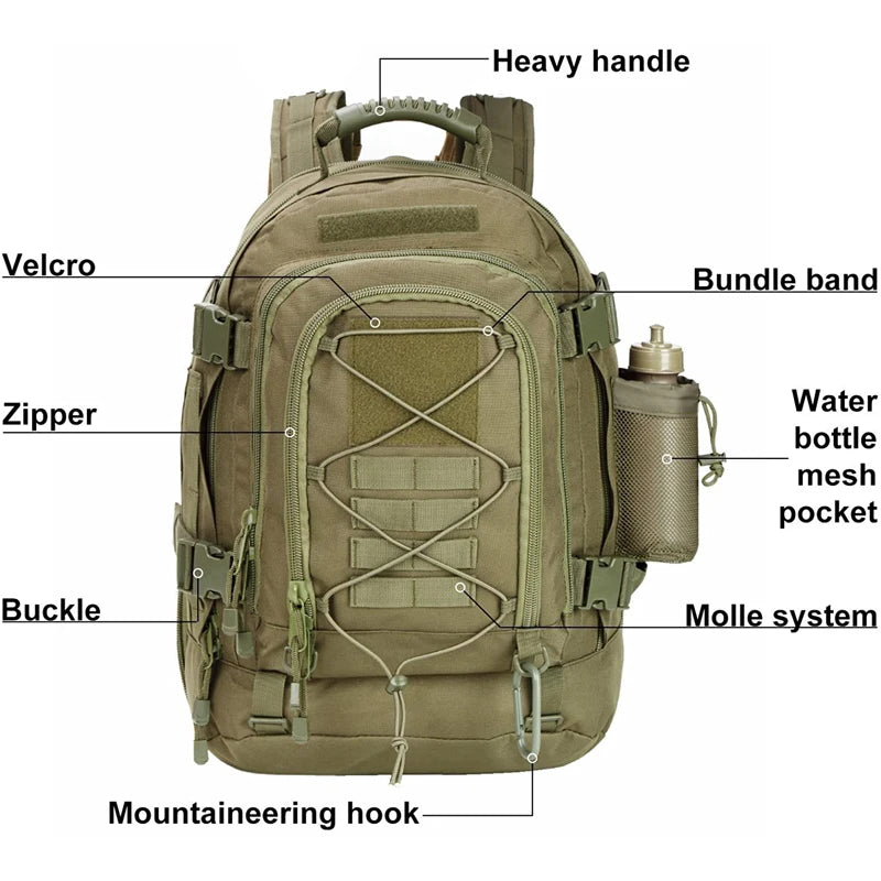 65L Outdoor Tactical Backpack for Men Large Capacity Military Hiking Bag Travel Camping Rucksack