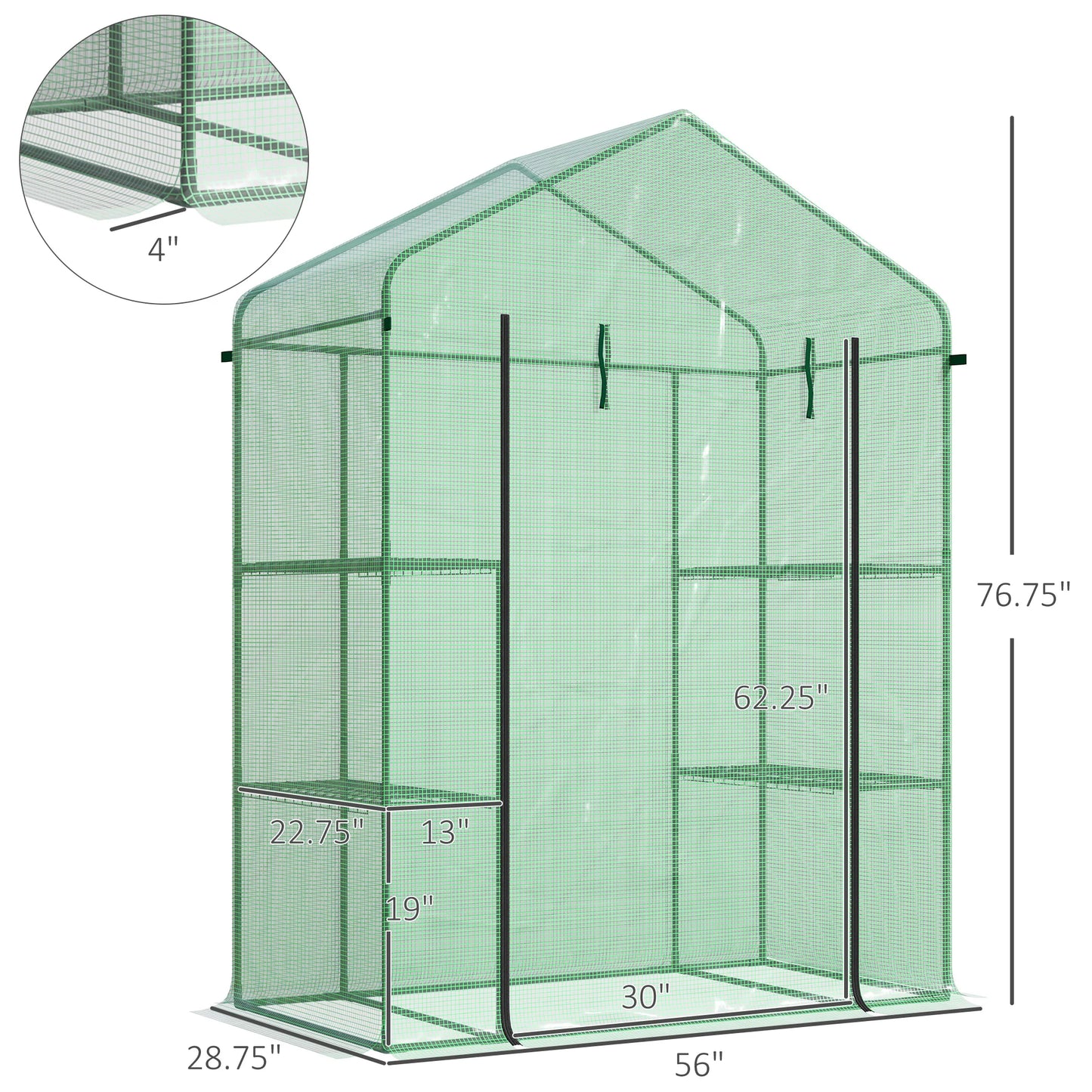 56 Inch X 29 Inch X 77 Inch Portable Walk In Greenhouse With Four Tier Shelves And Roll Up Door