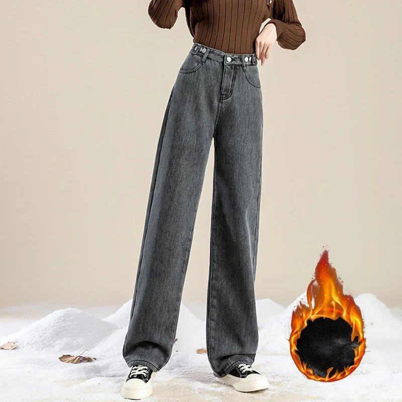 Winter Girls Plush Thermal High Waist Solid Jeans Lady Fleece Snow Warm Denim Pants Women Baggy Straight Leg Daily Trousers