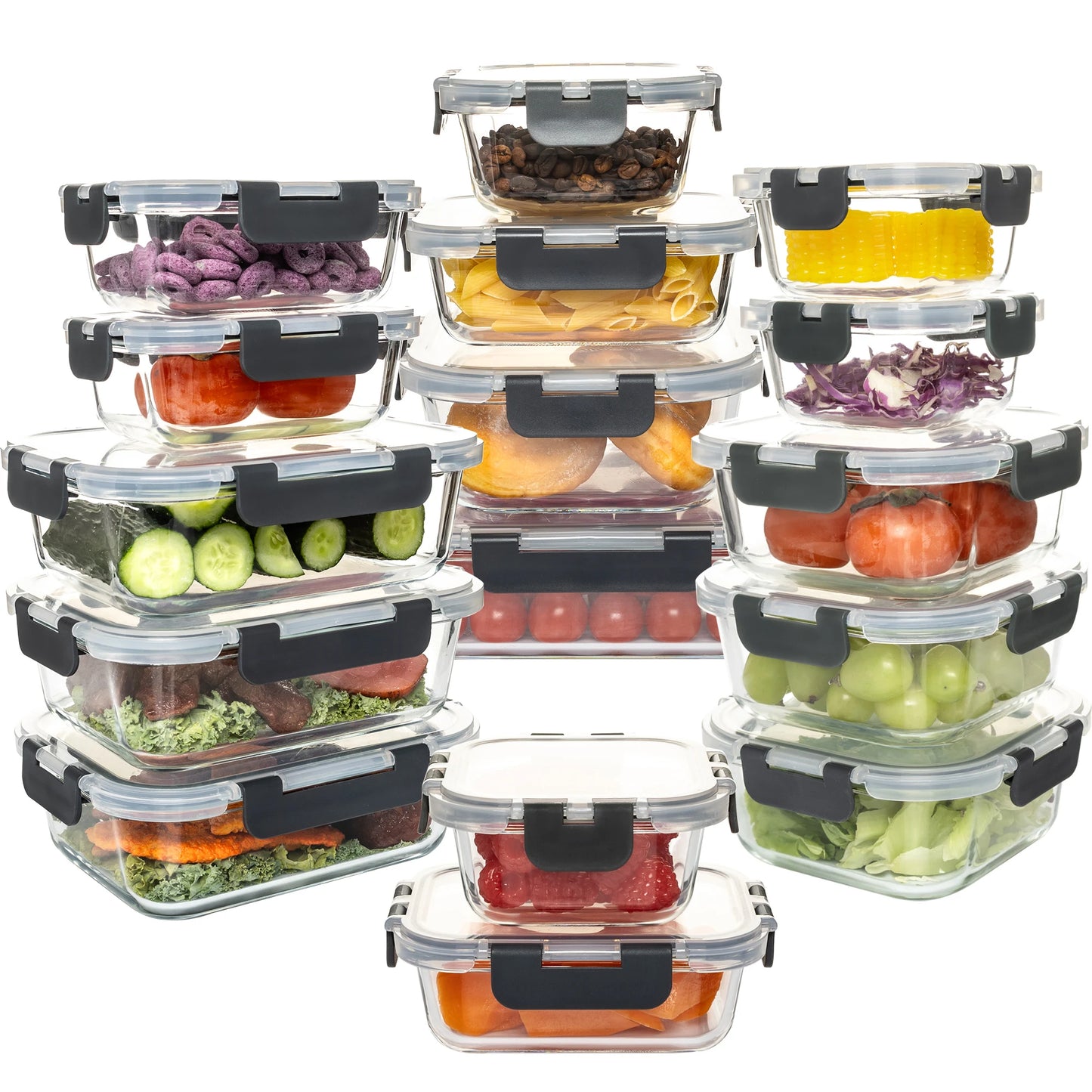 16 Piece Glass Food Storage Containers Set Leakproof Airtight BPA Free Microwave Oven Safe Stackable Kitchen Organizers