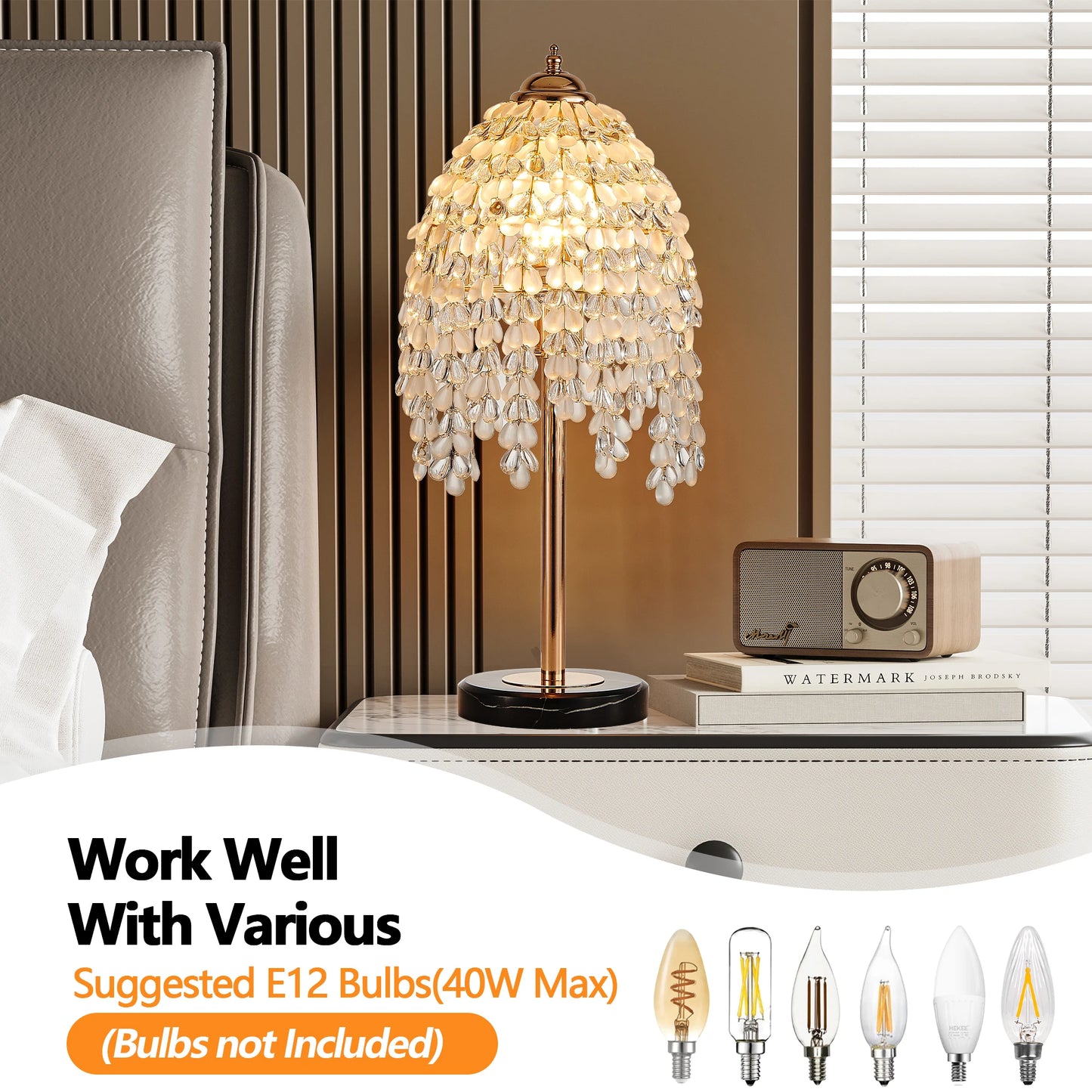 Elegant Crystal Table Lamp Vintage Waterfall Design with Crystal Bead String Shade&Marble Textured Base for Living Room Bedroom