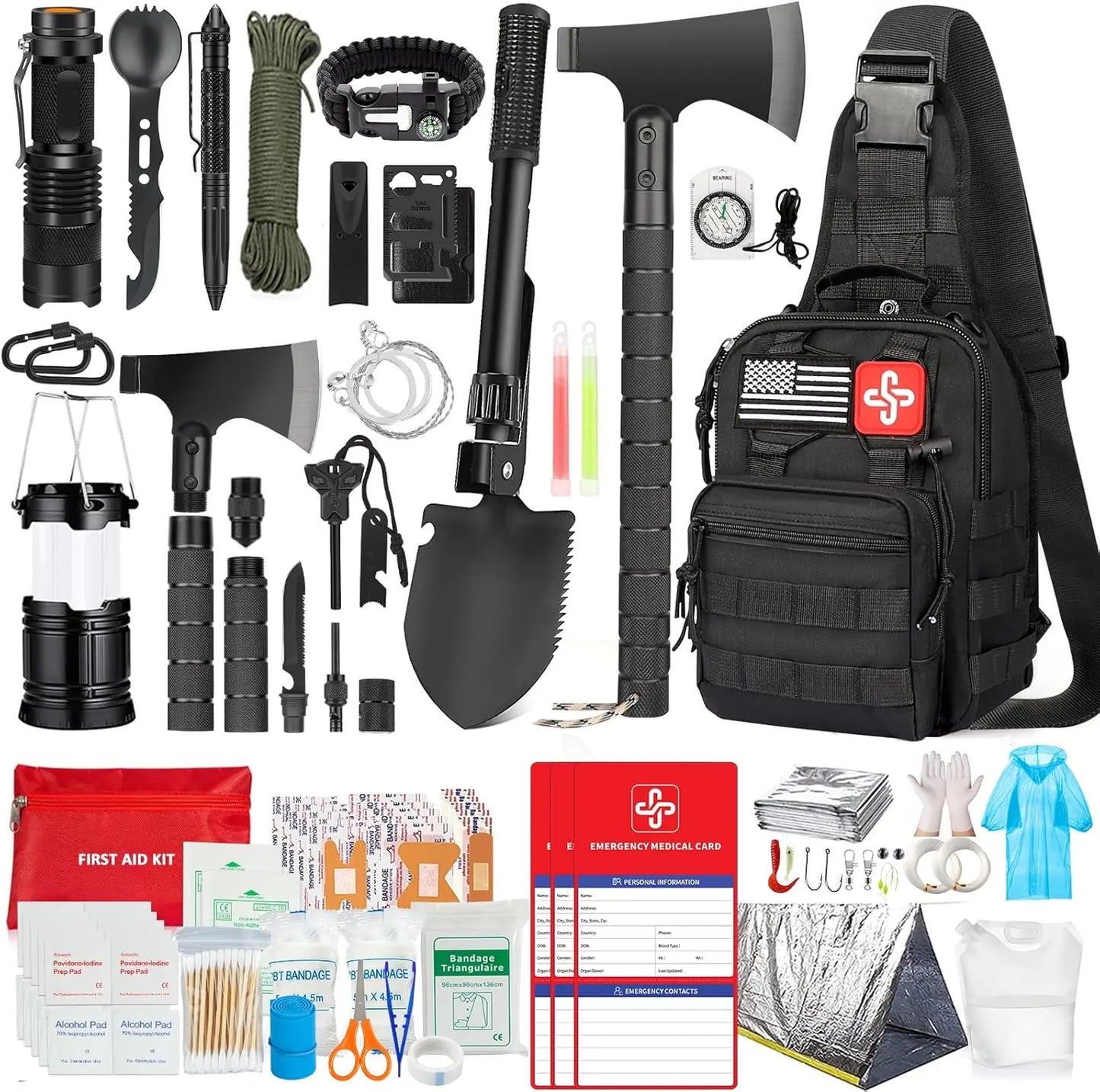 Survival kit, 262 pieces of survival equipment and supplies, first aid kit and crossbody bag