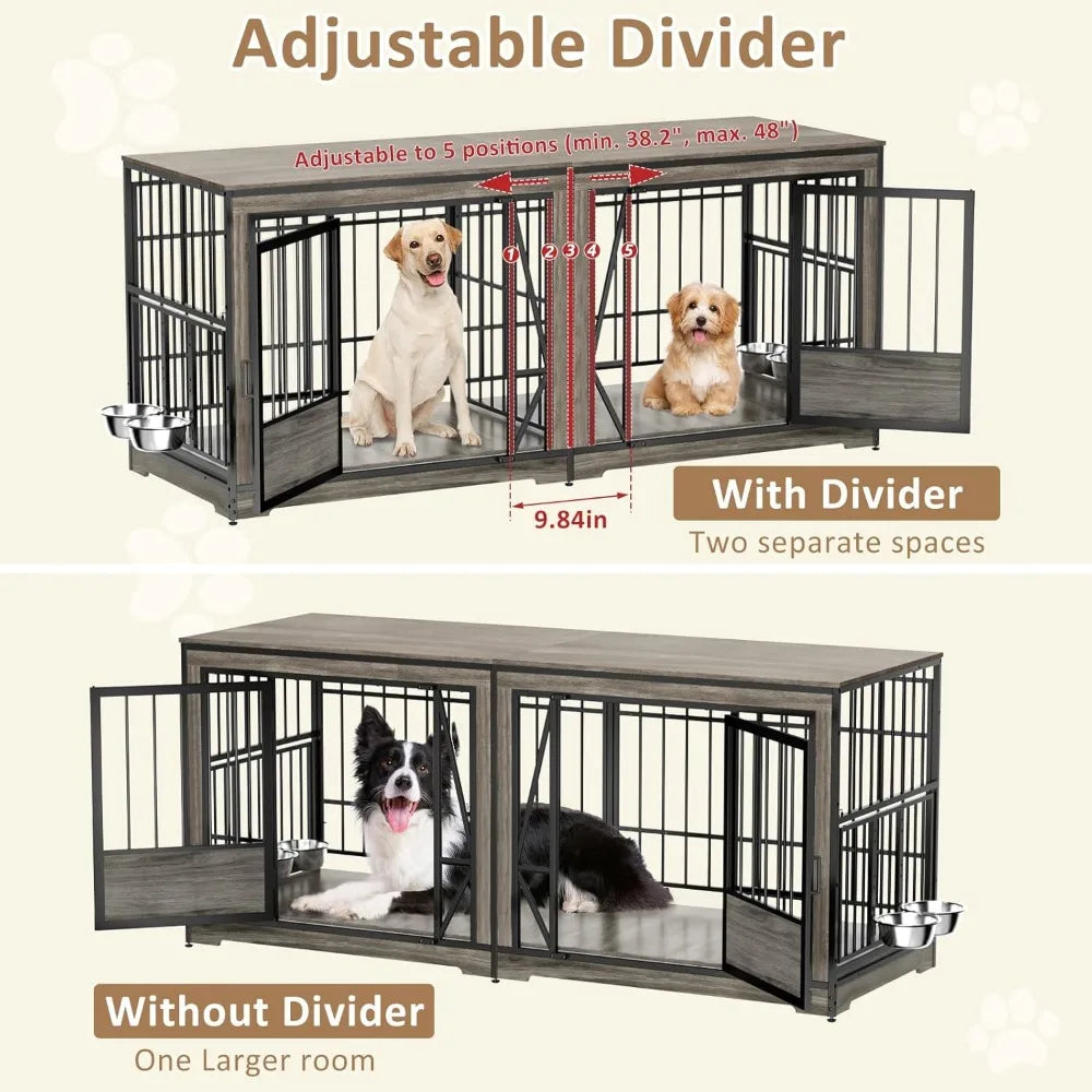 Extra Large Double Dog Crate 87'' with Adjustable Divider Heavy Duty Wood Kennel Indoor Furniture for 2 Dogs with Lockable Dividers