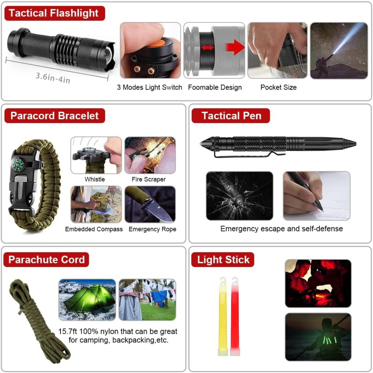 222 Piece Emergency Survival Kit with First Aid and Portable Bag for Outdoor Camping and Hunting