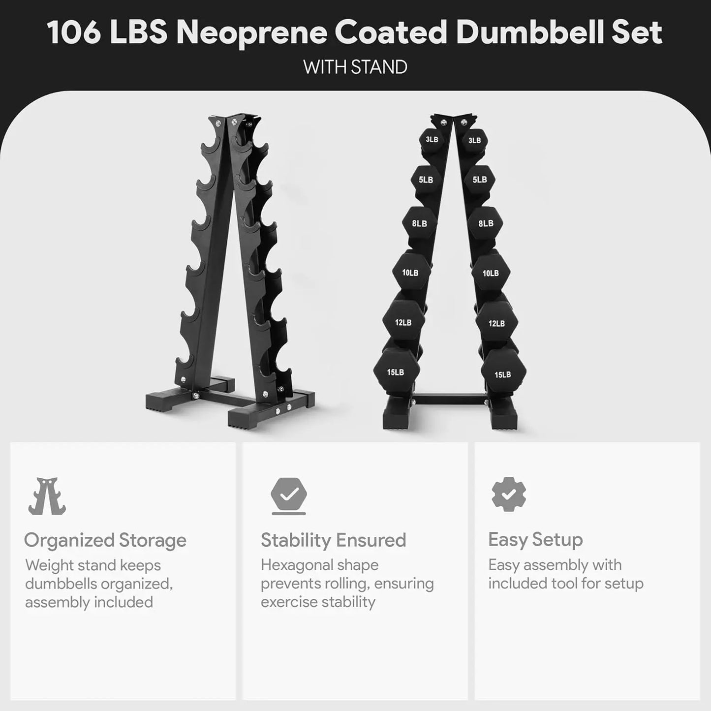 Dumbbell Set with Stand Neoprene Coated Hand Weights Home Gym Equipment X Elite Set 106 Pound 6 Pairs