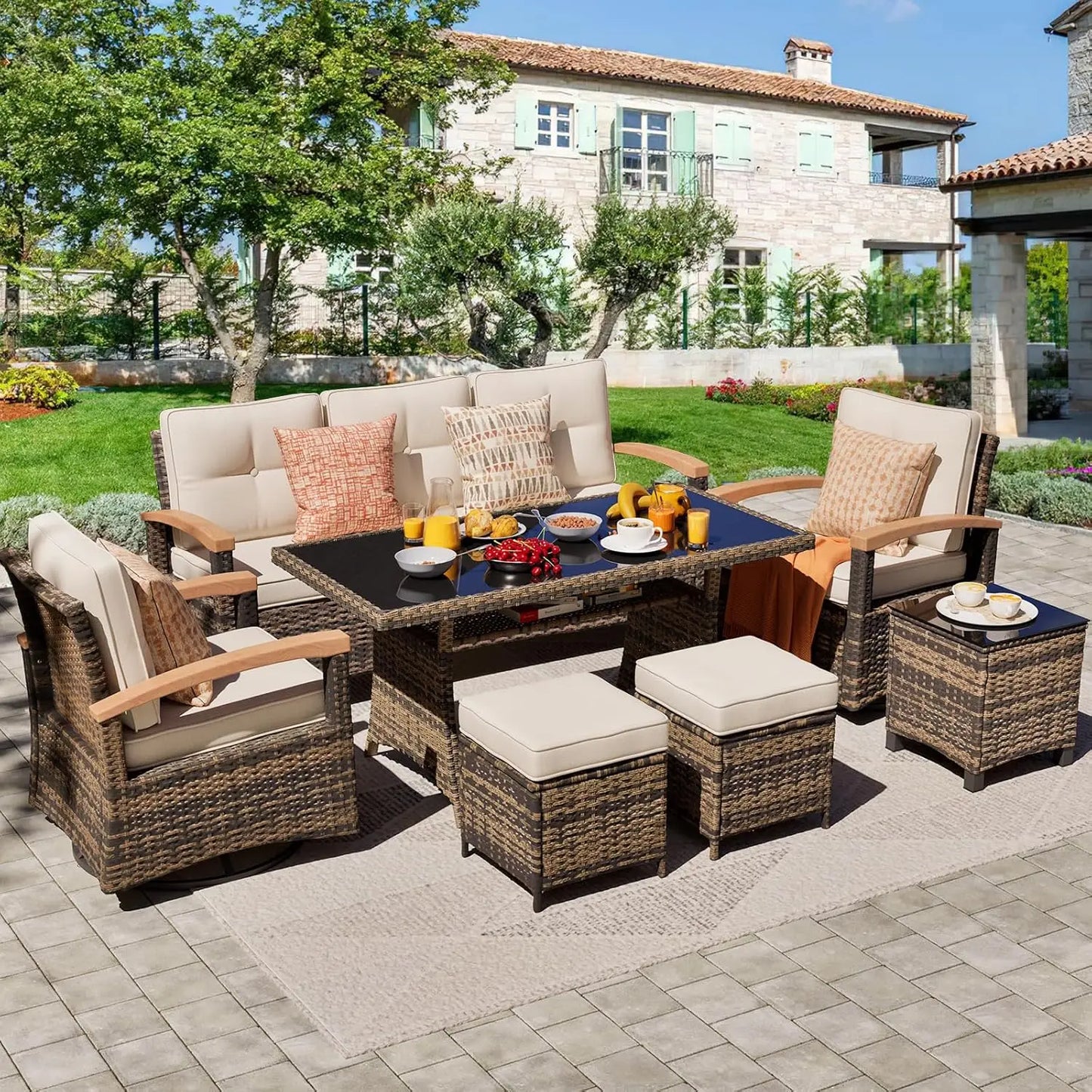 ANGDUO PE Wicker Patio Furniture Set Outdoor Swivel Chairs