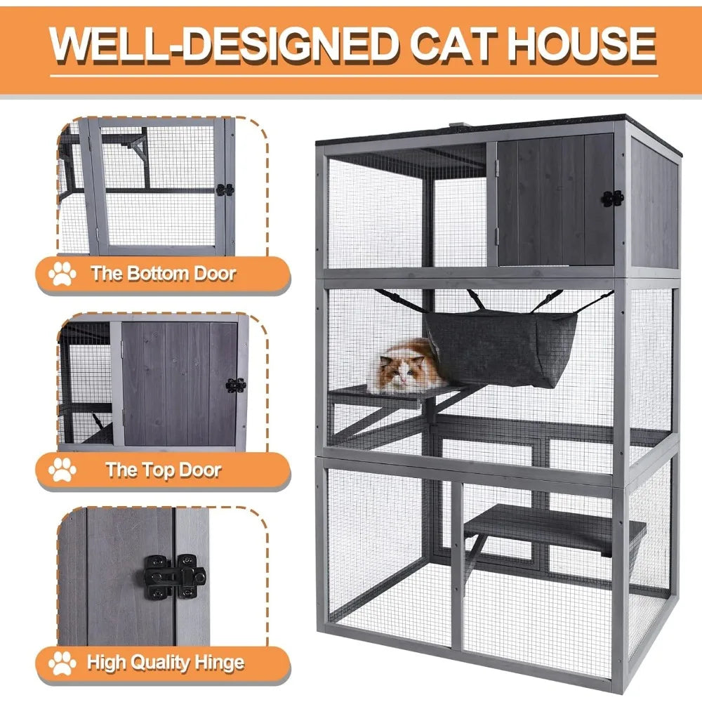 X-ZONE PET Catio 3-Story Wooden Cat House Outdoor Enclosure with Hammock & Resting Box Indoor Large Kitten Playpen Breathable Cat Beds & Mats