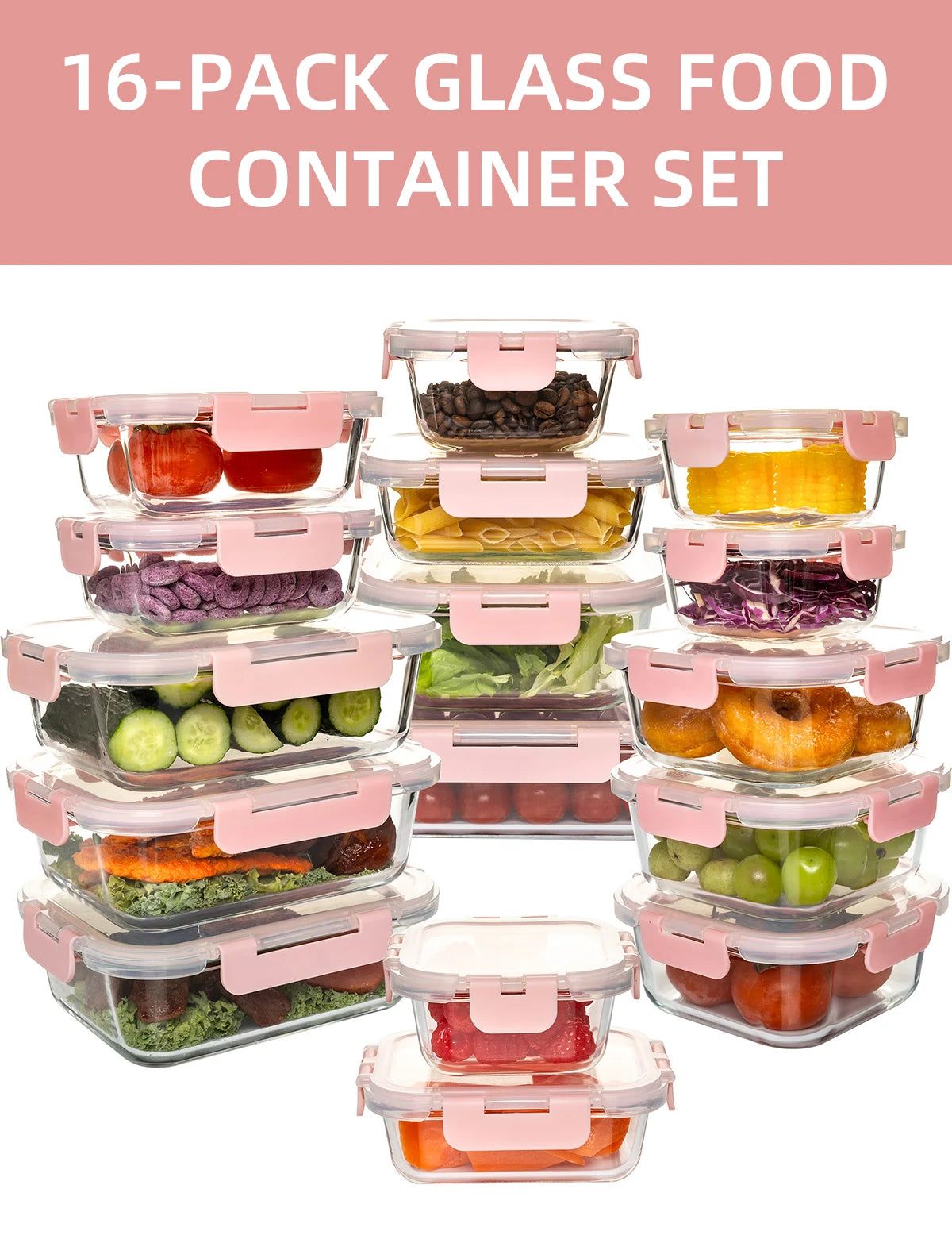 16 Piece Glass Food Storage Containers Set Leakproof Airtight BPA Free Microwave Oven Safe Stackable Kitchen Organizers