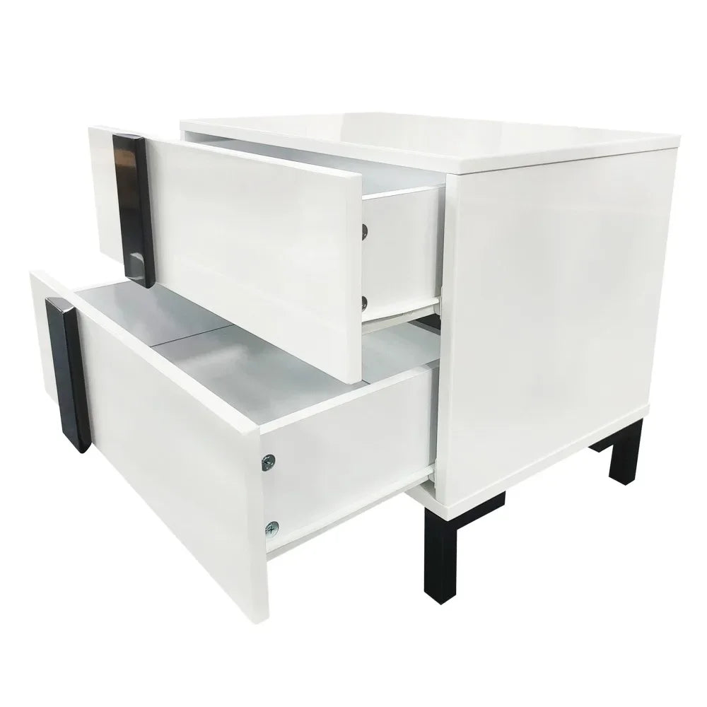 Modern High Gloss 3 Piece Bedroom Set Floating Queen Size Platform Bed with LED Light and 2 Nightstands in White