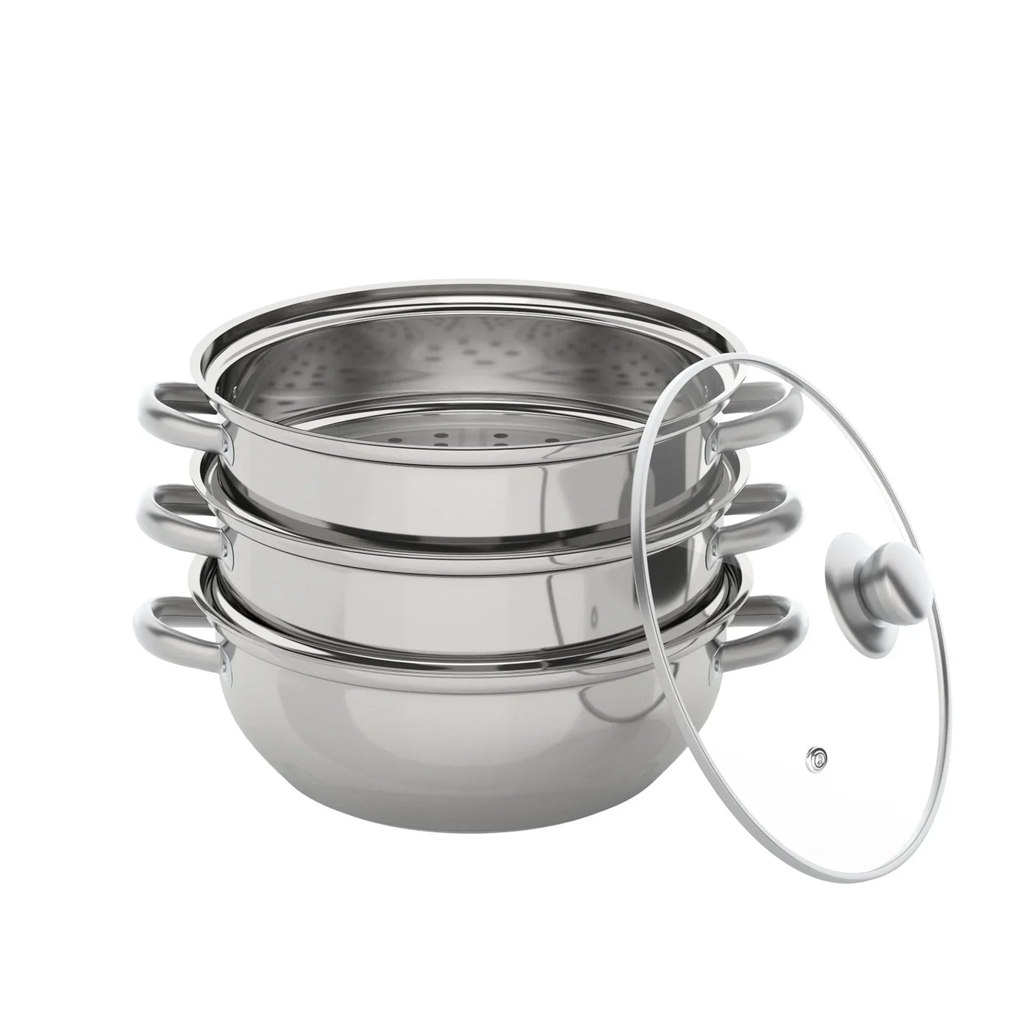 3 Tier Stainless Steel Steamer 28cm Overlapping Kitchen Soup Cooker Set with Glass Lid Silver
