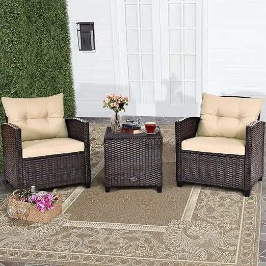 3 Piece Patio Furniture Set, Wicker Bistro Conversation Set w/ 2 Cushioned Armchairs & Glass Topped Table, Outdoor Rattan Sofa