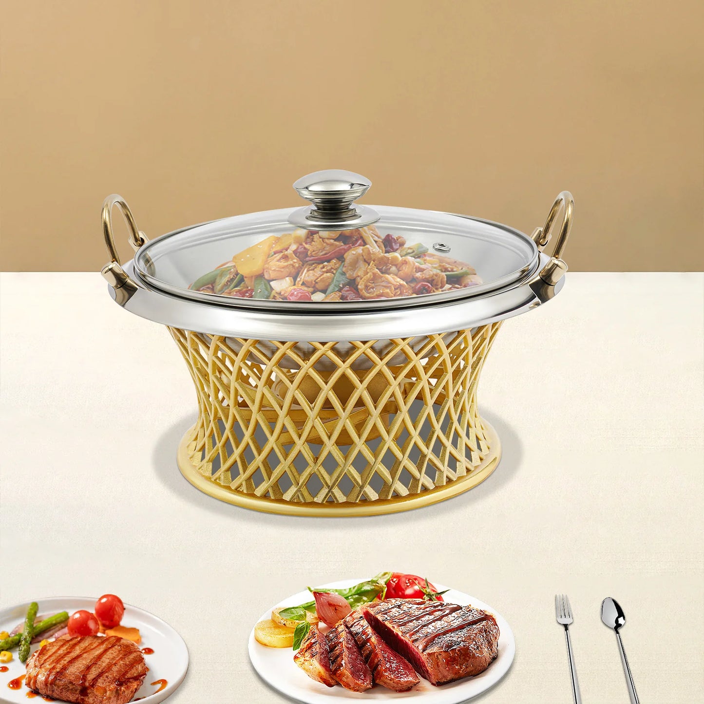 24cm round Stainless Steel Chafing Dish with Lid for Wedding BBQ Party Decoration Kitchen Essential Aluminum Alloy Pot