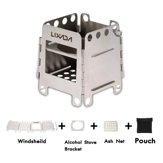 Portable Stainless Steel BBQ Stove Lightweight Folding Wood Outdoor Camping Cooking Picnic Backpacking Wind Shield with Ignition