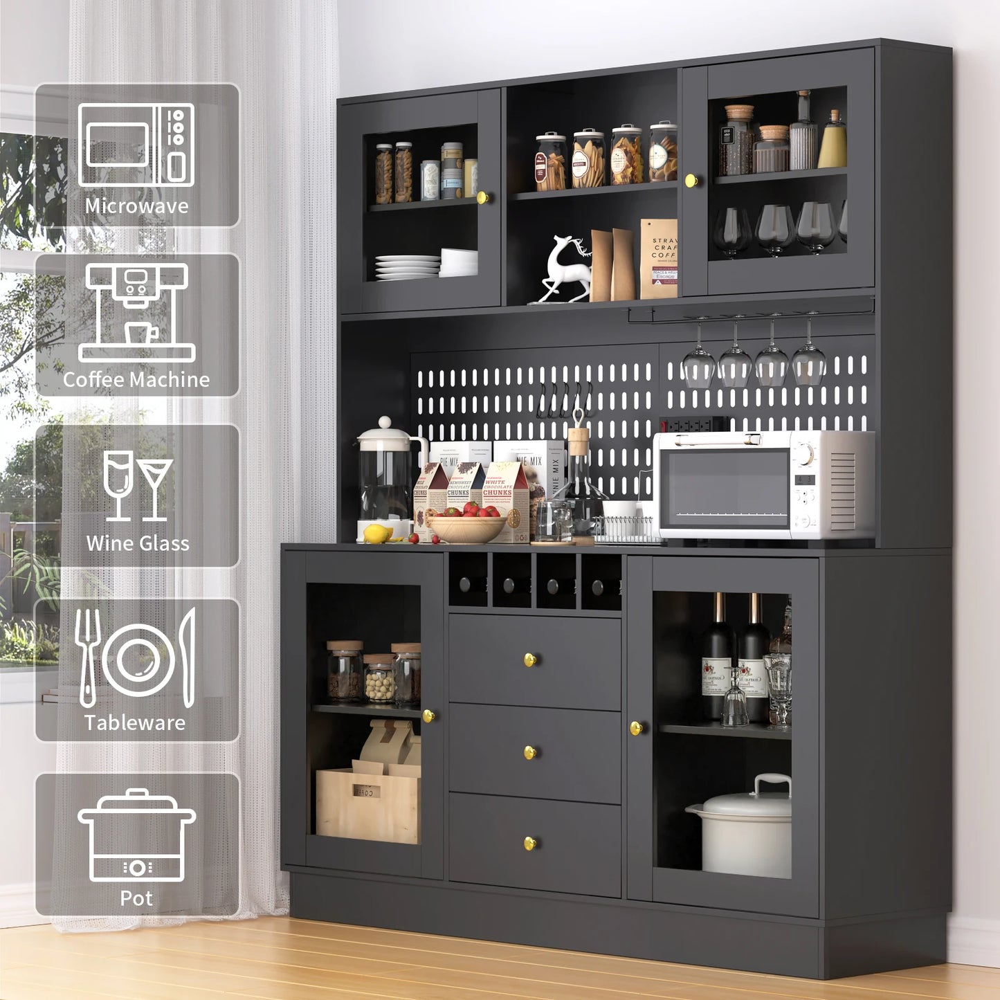 Black Freestanding Kitchen Pantry Cabinet with Pegboard Cup Holder Power Outlet Modern Style Modular Storage Buffet Hutch