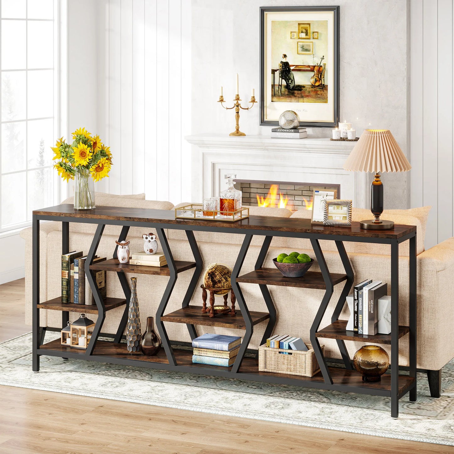 Tribesigns 70.9 Inch Sofa Console Table with 4-Tier Wood Storage Shelves Industrial Style Extra Long Narrow Entryway Accent Table