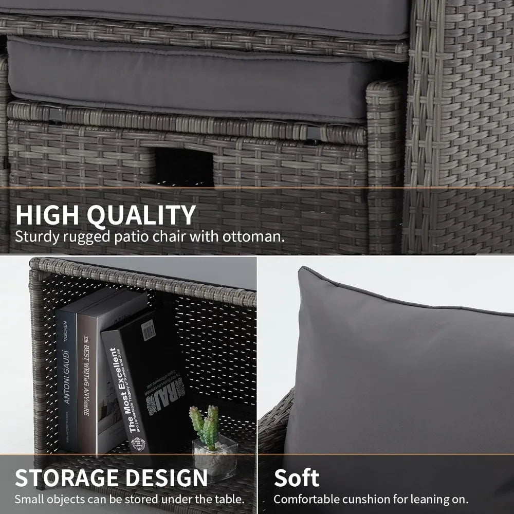 5 Piece Balcony Furniture, All Weather PE Wicker Rattan Patio Furniture Set, Cushioned Patio Chairs Set of 2 w/Ottoman & Table,