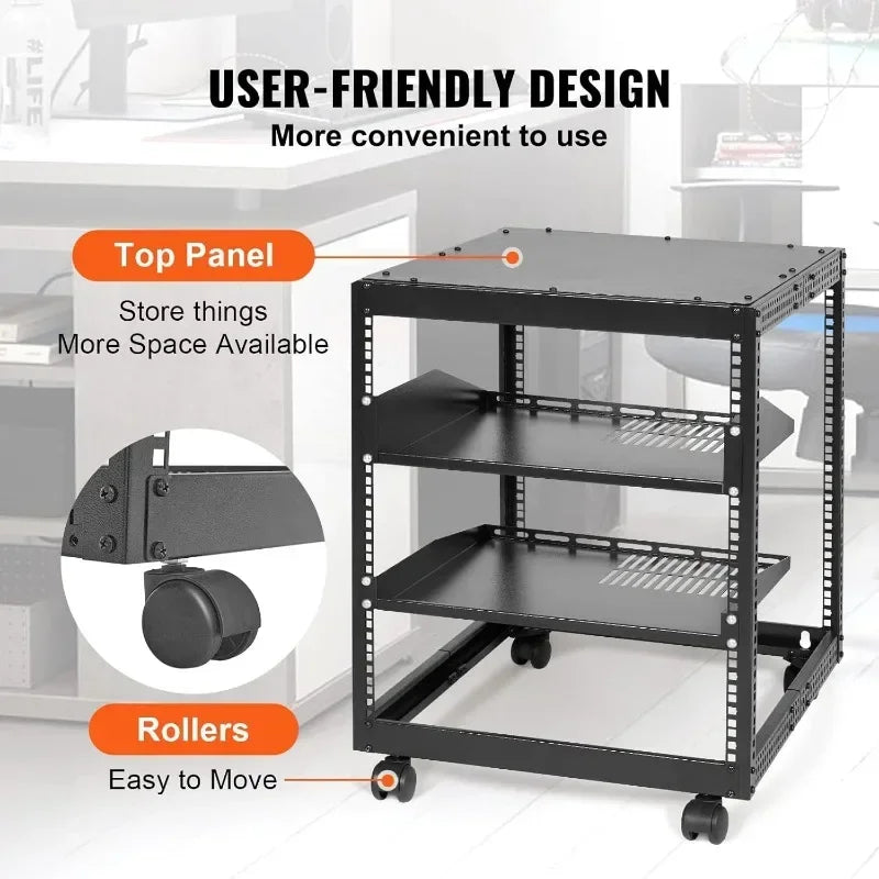12U Open Frame Server Rack 23 to 40 Inch Adjustable Depth Free Standing or Wall Mount 4 Post AV Network Server Rack Modern Style