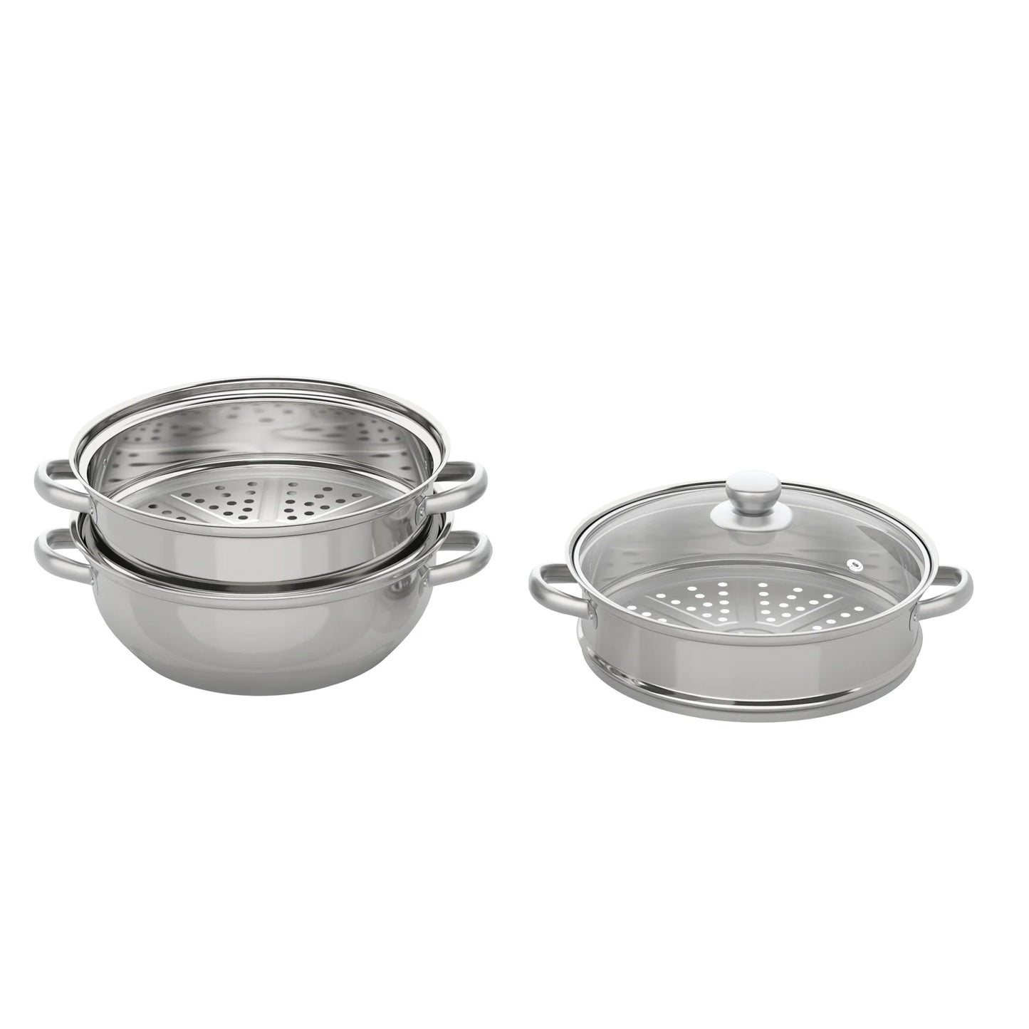 3 Tier Stainless Steel Steamer 28cm Overlapping Kitchen Soup Cooker Set with Glass Lid Silver