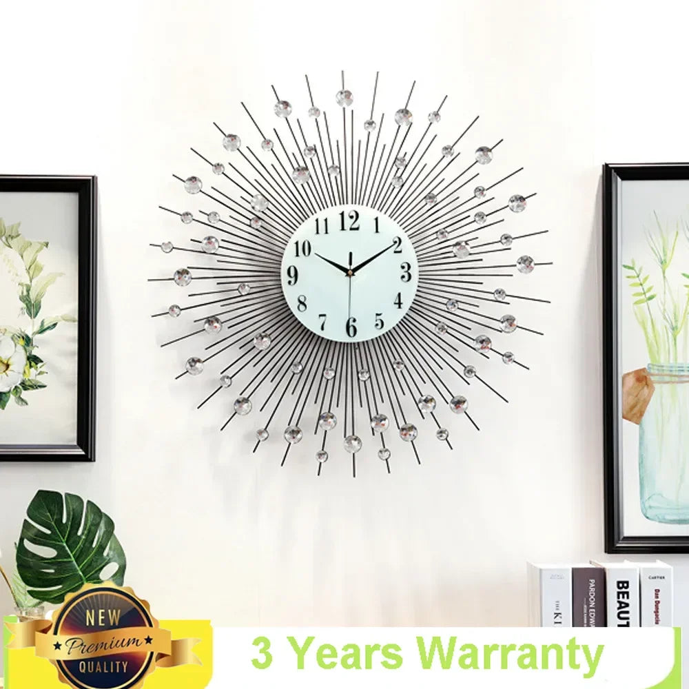 3D Large Metal Sunburst Wall Clock Luxury Battery Operated Modern Round Diamond Art 60x60cm Home Decor