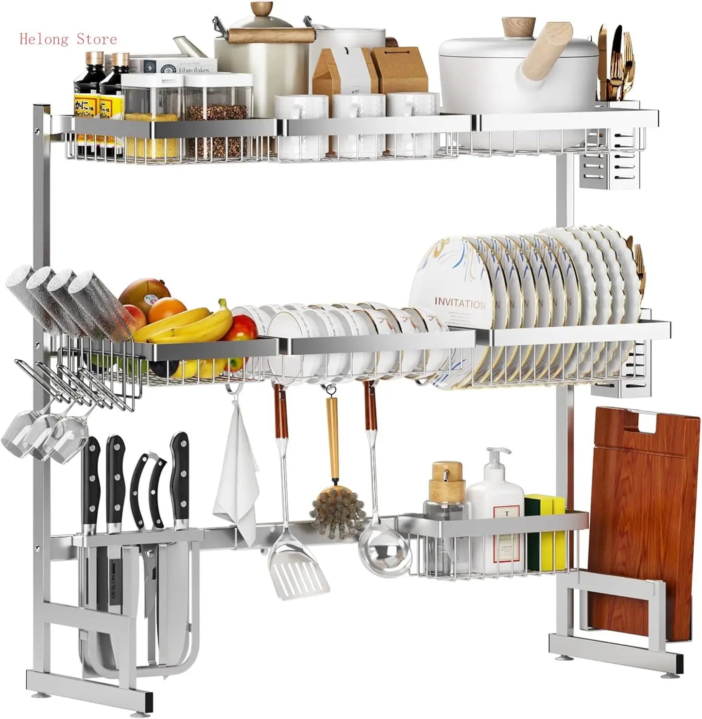 Over Sink Dish Drying Rack Stainless Steel, Adjustable Large Dish Drainer for Storage Kitchen Organization Silver 3 Tier