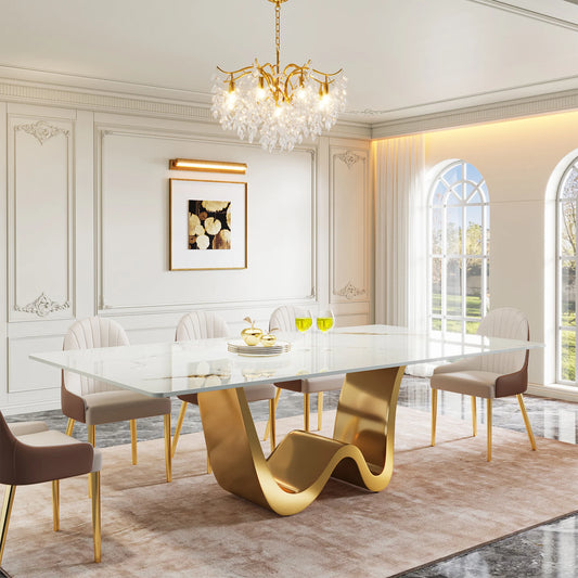Tribesigns 78.74" Sintered Stone Dining Table for 6-8, Modern Rectangle Dining Table, Luxury White & Gold Kitchen Table