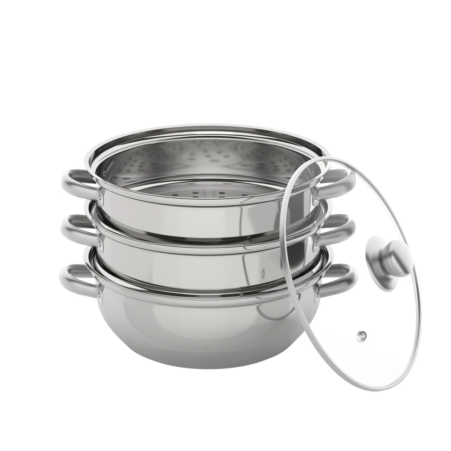 3 Tier Stainless Steel Steamer 28cm Overlapping Kitchen Soup Cooker Set with Glass Lid Silver