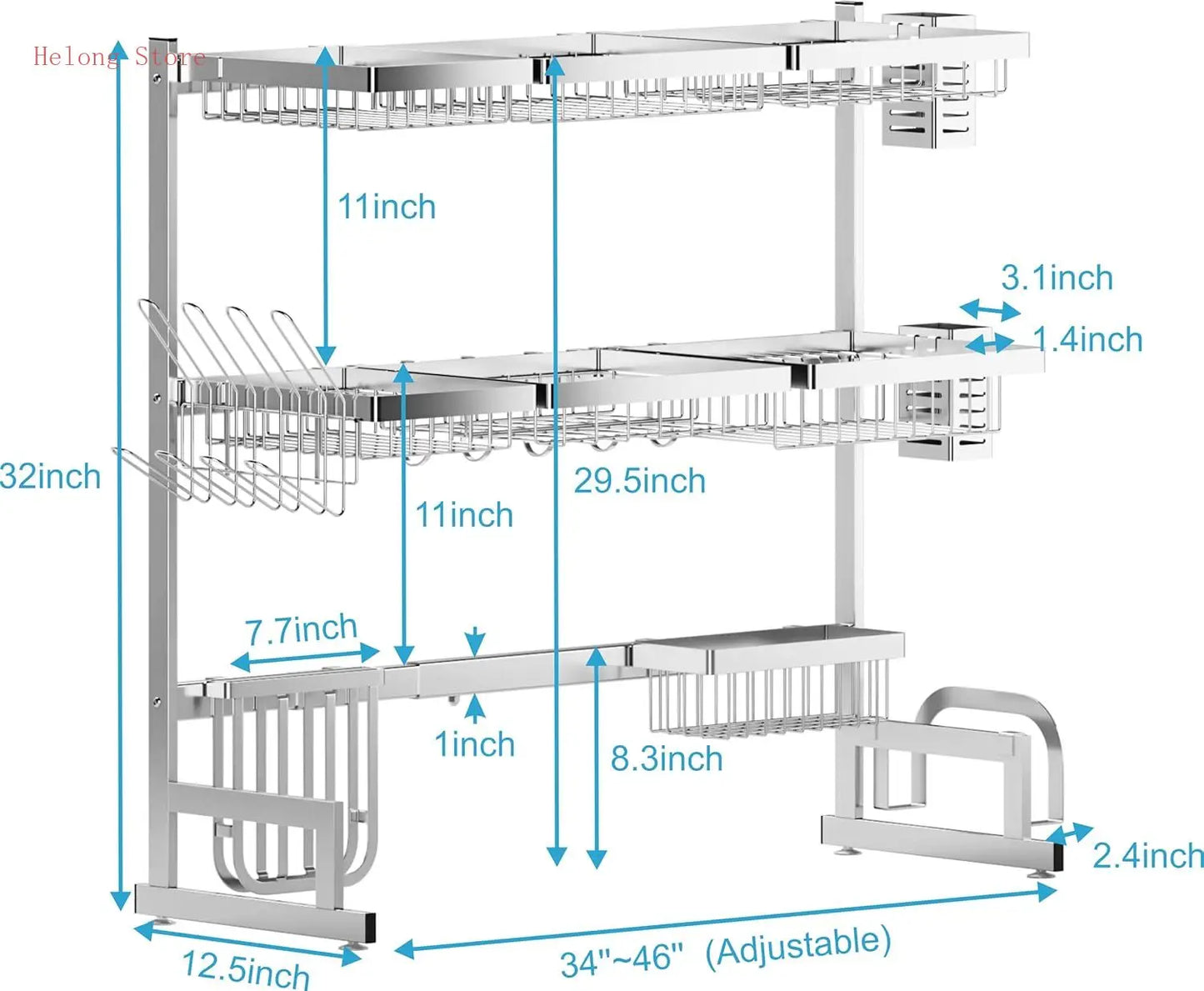 Over Sink Dish Drying Rack Stainless Steel, Adjustable Large Dish Drainer for Storage Kitchen Organization Silver 3 Tier