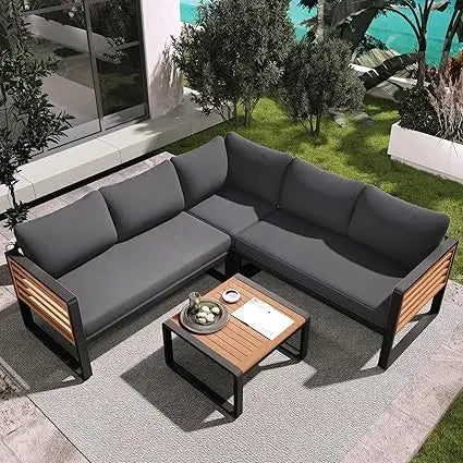 Modern Outdoor Sectional Sofa Set with Round Nesting Coffee Tables and Cushions 6 Piece Patio Furniture Set for Porch Garden Pool