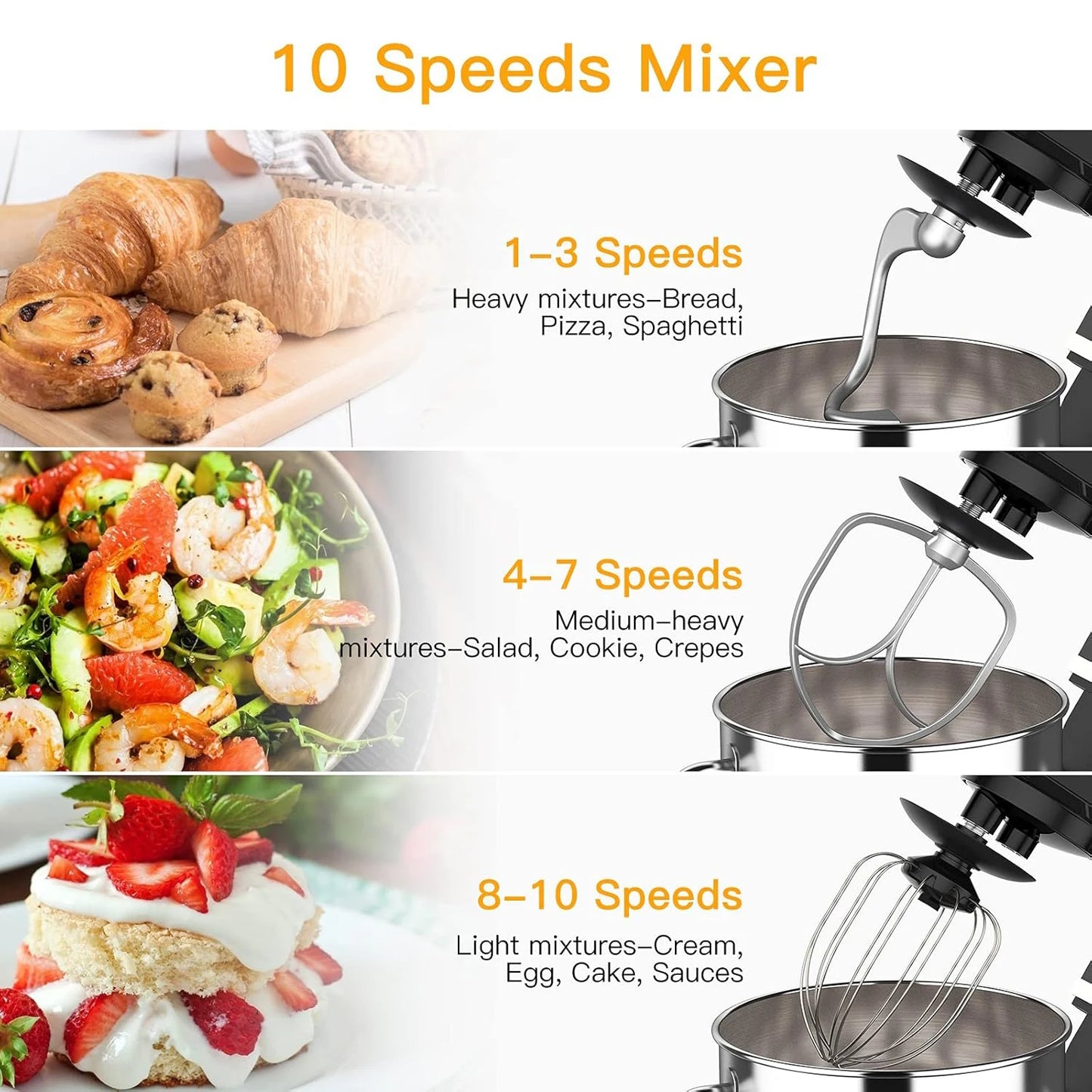 Electric Food Mixer 7.5QT 600W 10 Speed Tilt Head Stand Mixer Stainless Steel Bowl 3 In 1 Kitchen Countertop Mixer by Adoolla