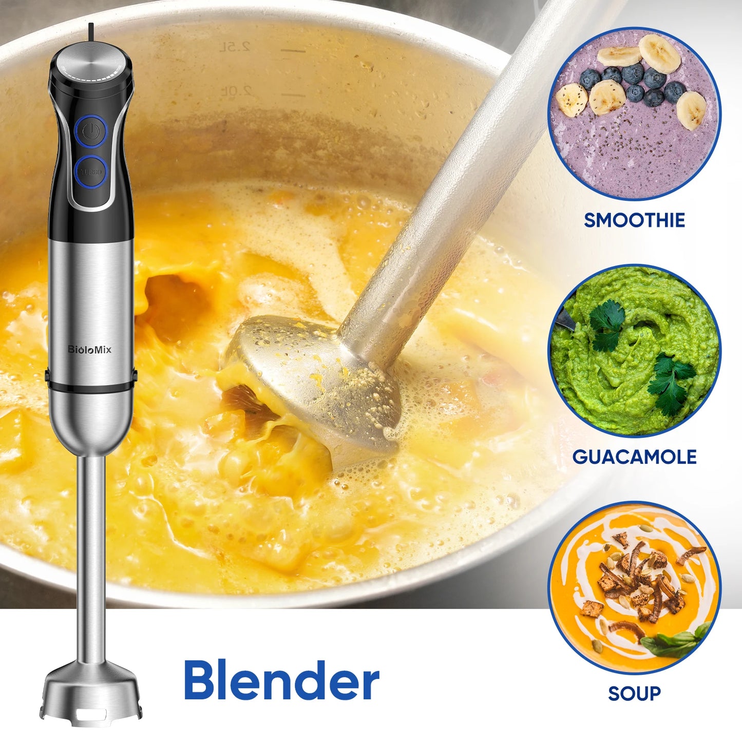 BioloMix 5 in 1 Immersion Hand Blender 1500 Watt Powerful Stainless Steel Blade Food Processor Smoothie Maker Baby Food Puree Tool