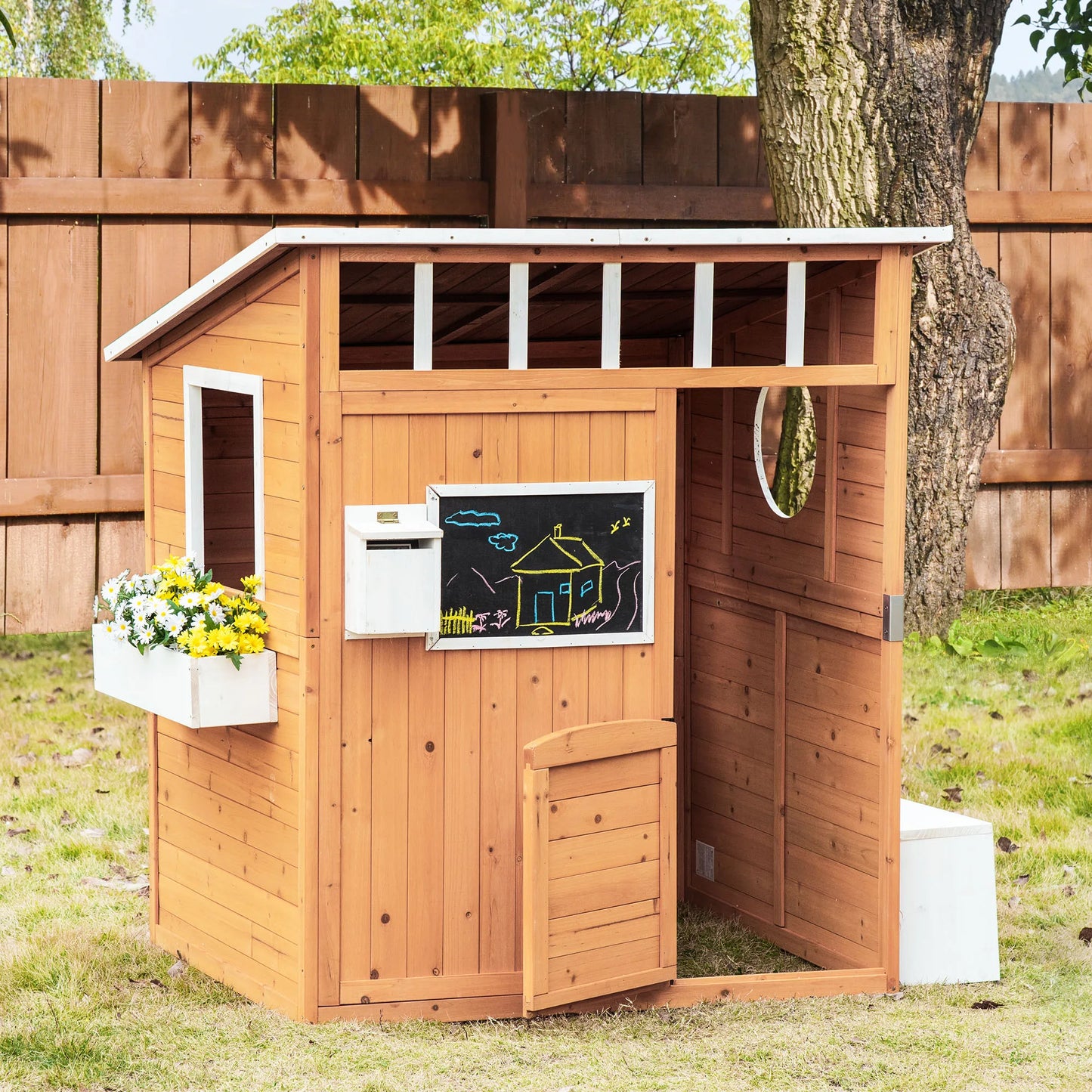 Outsunny Wooden Playhouse for Kids Outdoor with Door and Windows