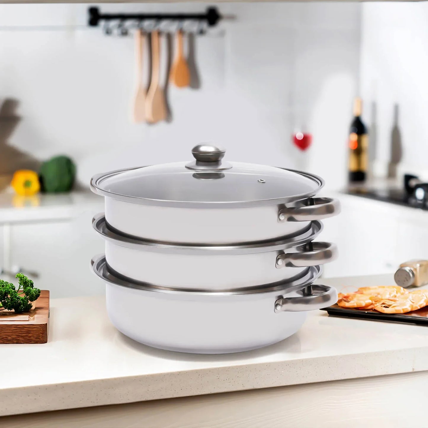 3 Tier Stainless Steel Steamer 28cm Overlapping Kitchen Soup Cooker Set with Glass Lid Silver
