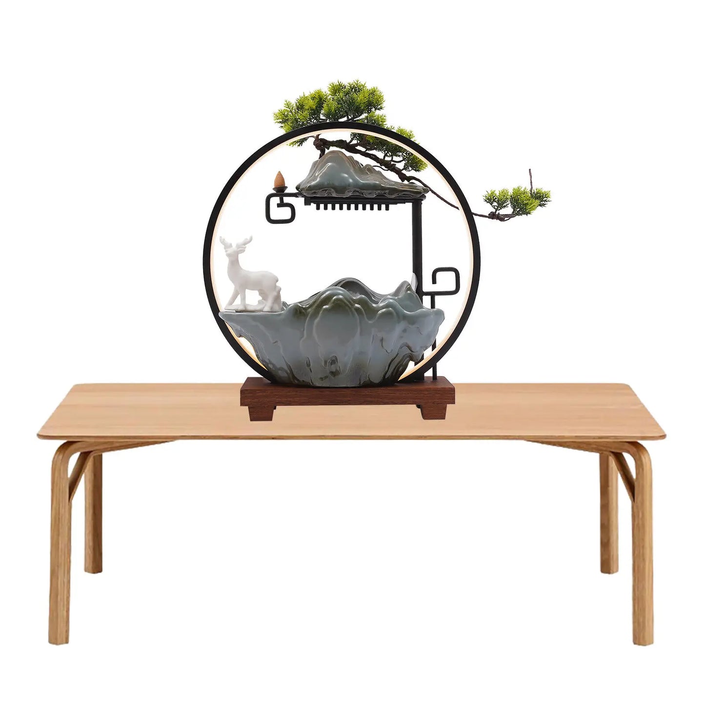 Indoor Desktop Water Fountain with Atomizer and LED Light Resin Waterfall Table Decor