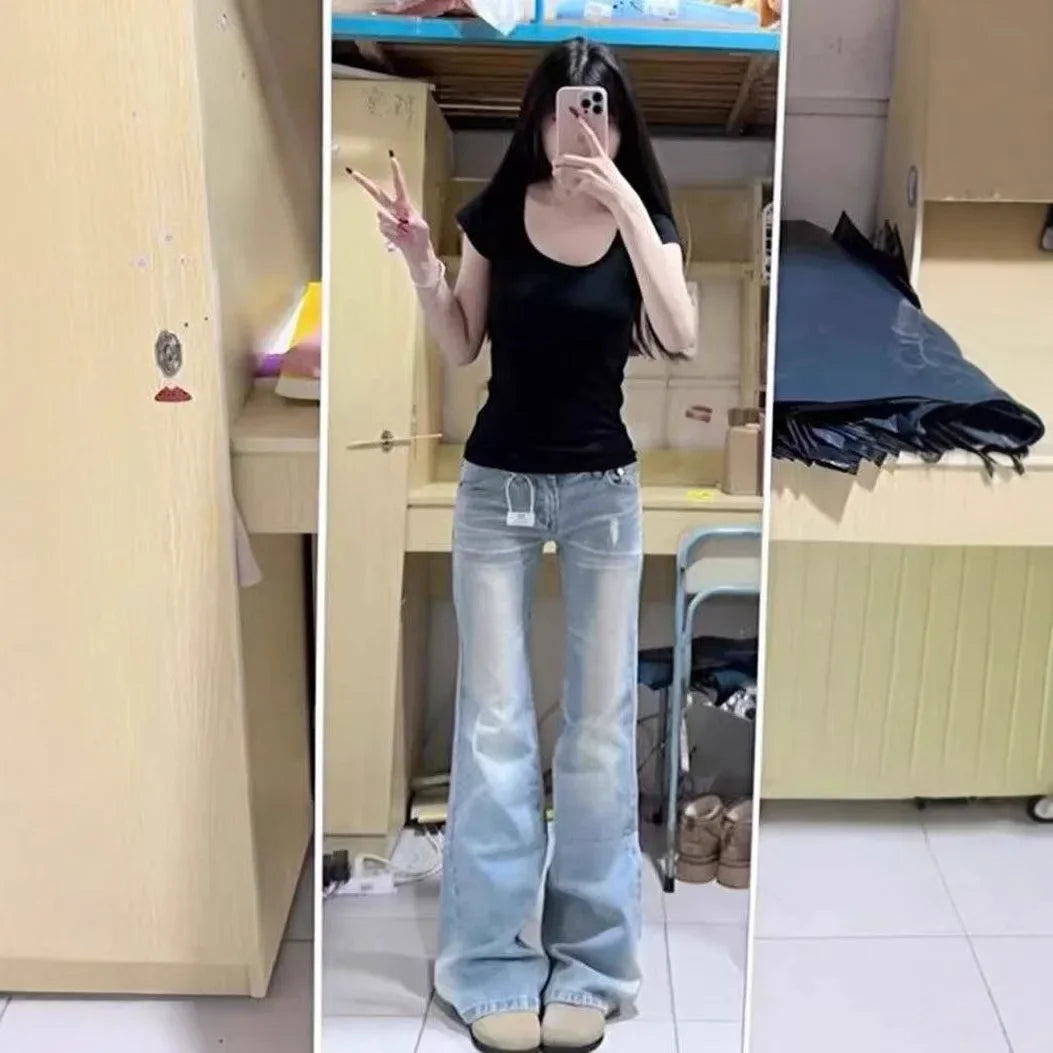 Light Lace Trim Flared Straight Leg Jeans Women's Retro Low Waist Slimming Non Fitting New 2025 Model Casual Fashion